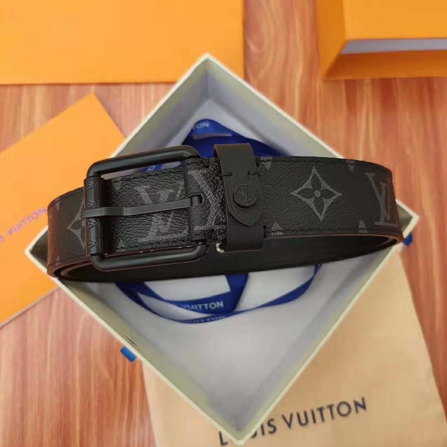 Louis Vuitton LV Unisex Voyager 35mm Belt in Monogram Eclipse Canvas-Grey