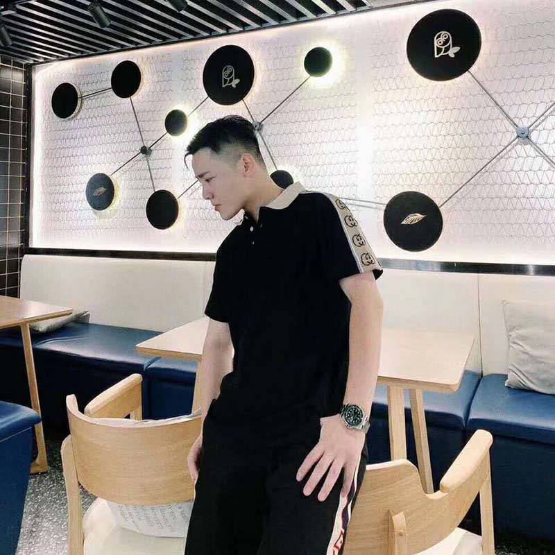 G*u*i gg men polo with interlocking g stripe black cotton