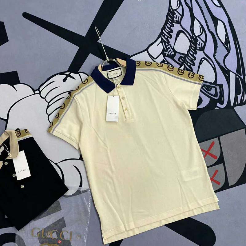 G*u*i gg men polo with interlocking g stripe white cotton