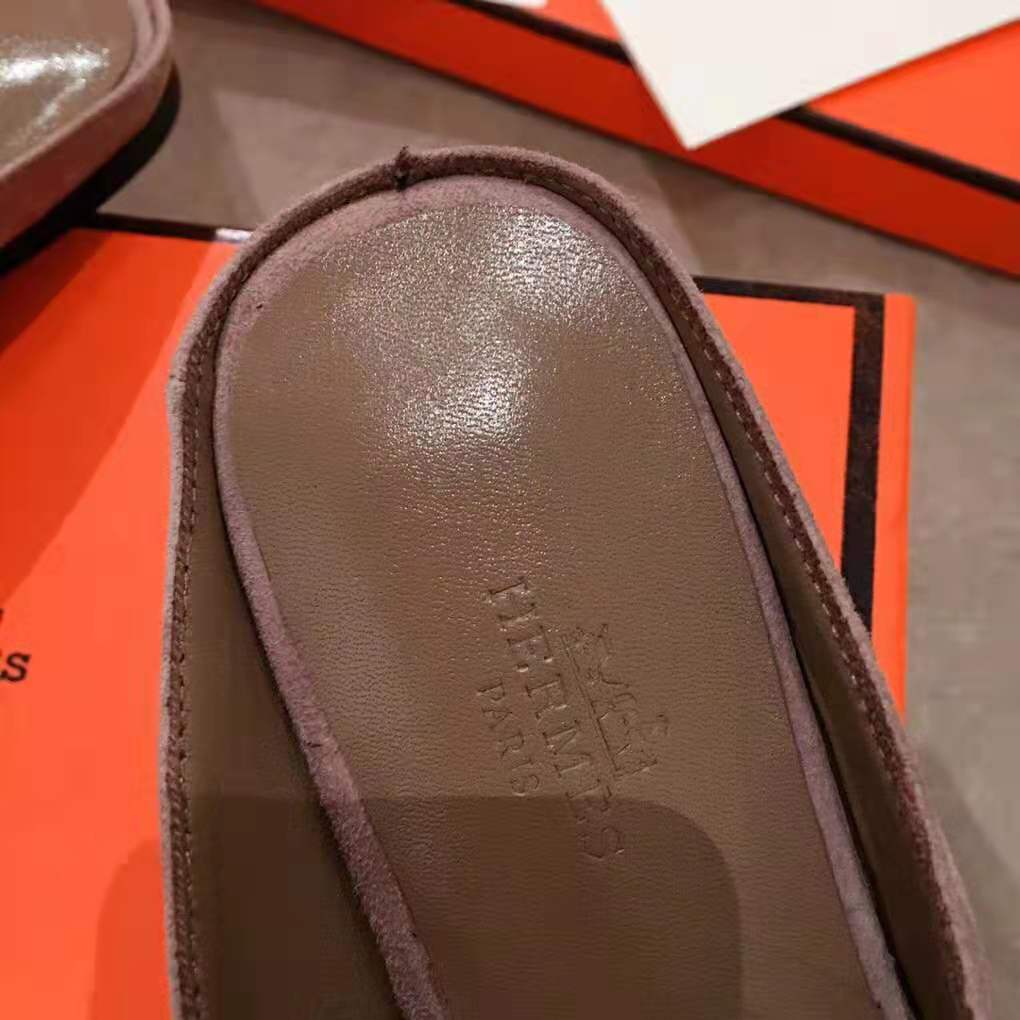 Hermes Women Roxane Mule in Suede Goatskin with Crystal-Rose