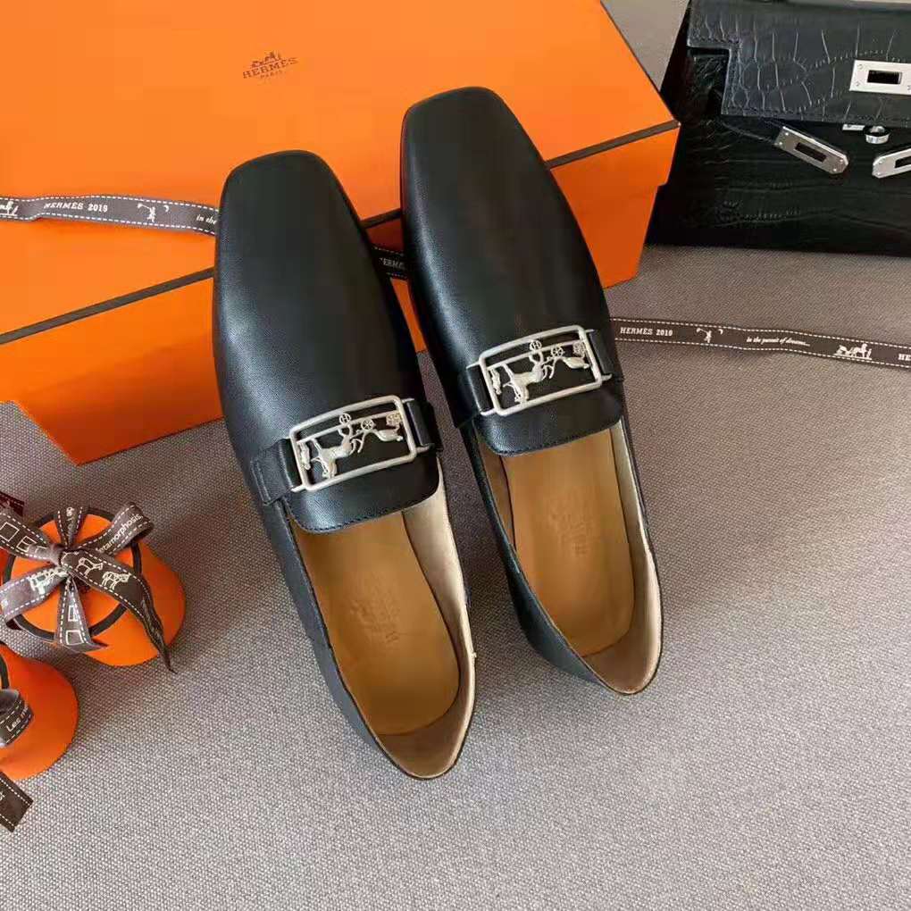 Hermes Women Time Loafer Goatskin with Detailed Openwork Hardware-Black