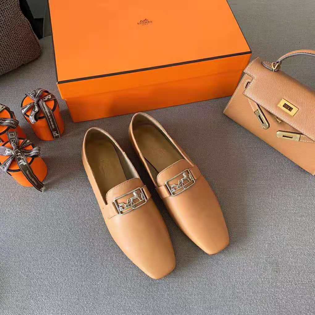 Hermes Women Time Loafer Goatskin with Detailed Openwork Hardware-Brown
