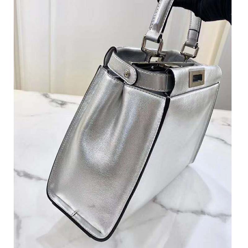 Fendi Women Peekaboo Iconic XS Mini Silver Mirror-Effect Leather Bag