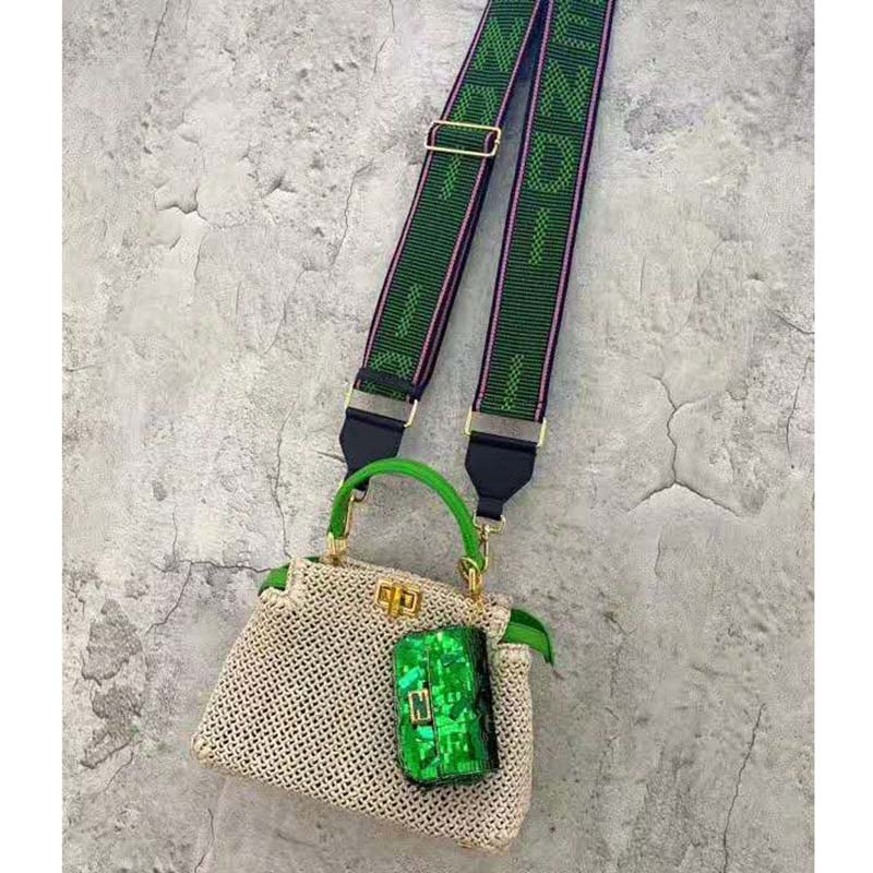 Fendi Women Peekaboo Iconic Mini Natural Raffia Bag Green Nappa