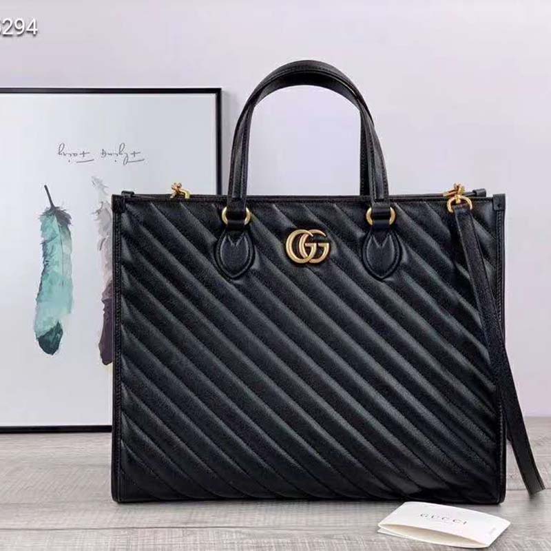 G*u*i gg unisex gg marmont medium tote bag black matelassé leather