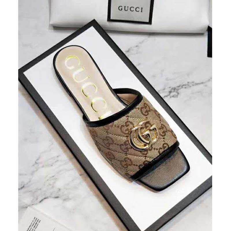 G*u*i women’s gg matelassé canvas slide sandal beige/ebony diagonal