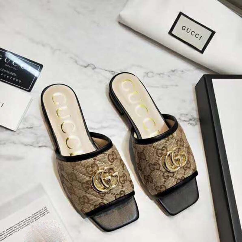 G*u*i women’s gg matelassé canvas slide sandal beige/ebony diagonal