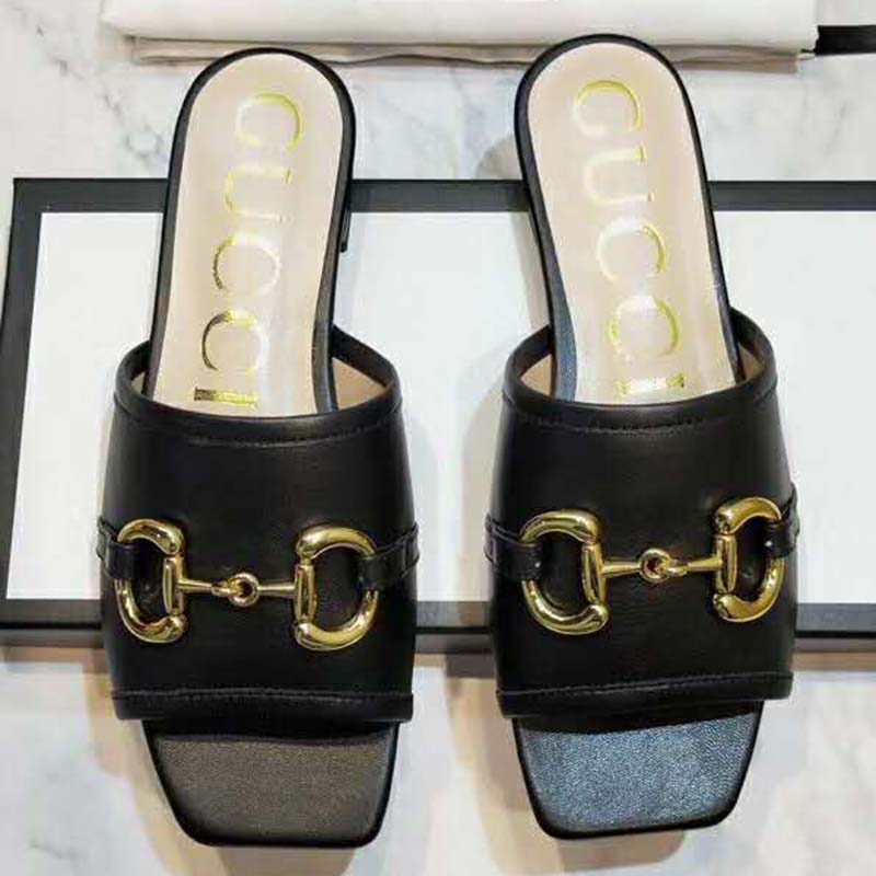 G*u*i women’s leather slide sandal with horsebit black leather