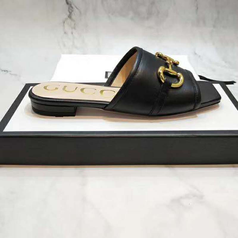 G*u*i women’s leather slide sandal with horsebit black leather