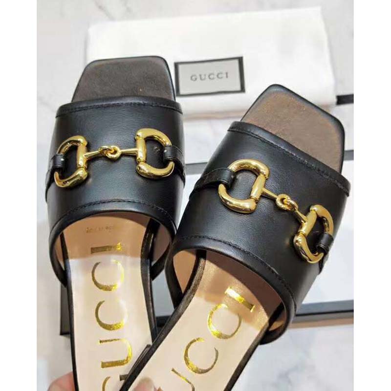 G*u*i women’s leather slide sandal with horsebit black leather