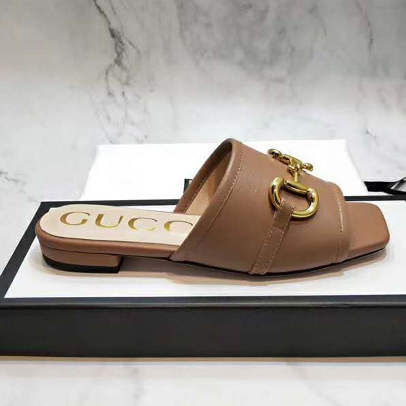 G*u*i women’s leather slide sandal with horsebit brown leather