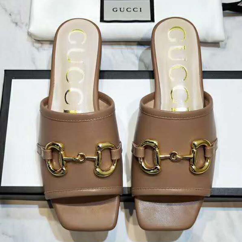 G*u*i women’s leather slide sandal with horsebit brown leather