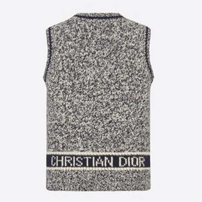 Dior Women V-Neck Sleeveless Sweater Blue Gray Cashmere Wool