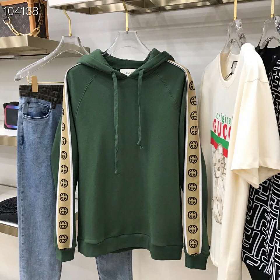 G*u*i men cotton jersey hooded sweatshirt green heavy felted organic
