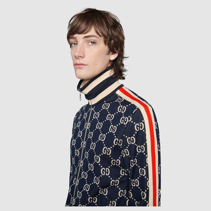 G*u*i men gg jacquard cotton jacket blue ivory gg jacquard jersey