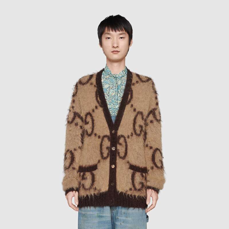 G*u*i women reversible gg mohair wool cardigan brushed gg jacquard blend
