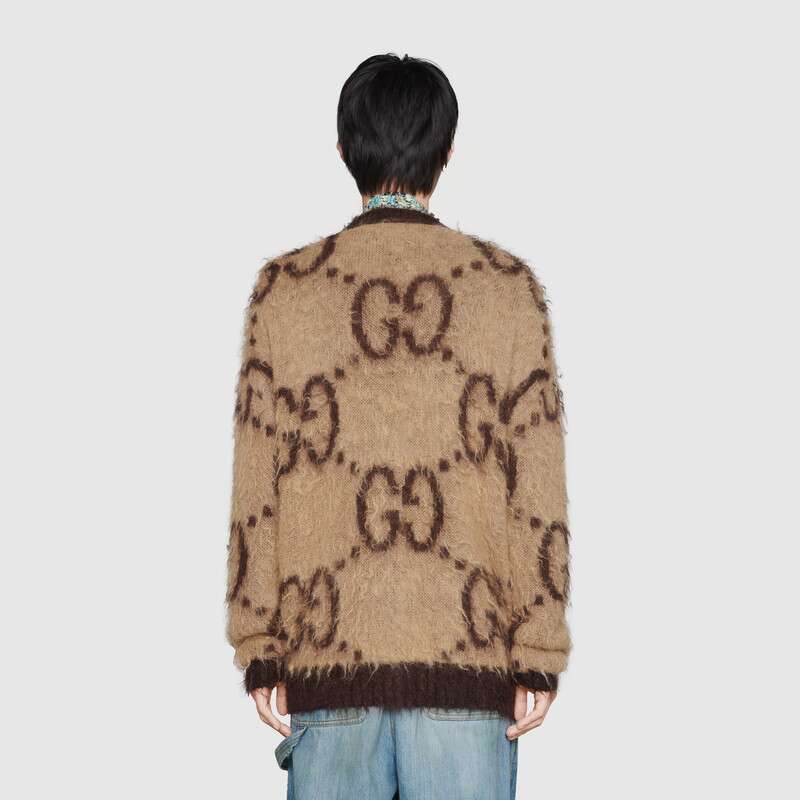 G*u*i men reversible gg mohair wool cardigan brushed gg jacquard blend