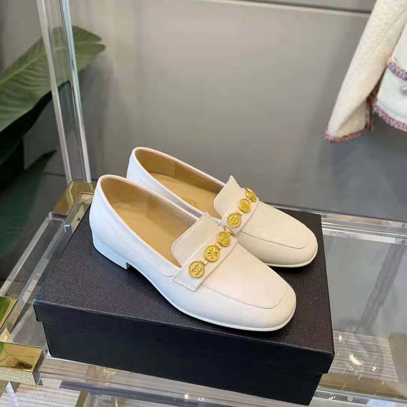 Chanel Women Loafers Lambskin Ivory 1.5 cm Heel
