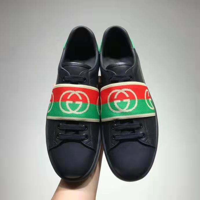 G*u*i gg unisex ace sneaker with elastic web interlocking g black leather