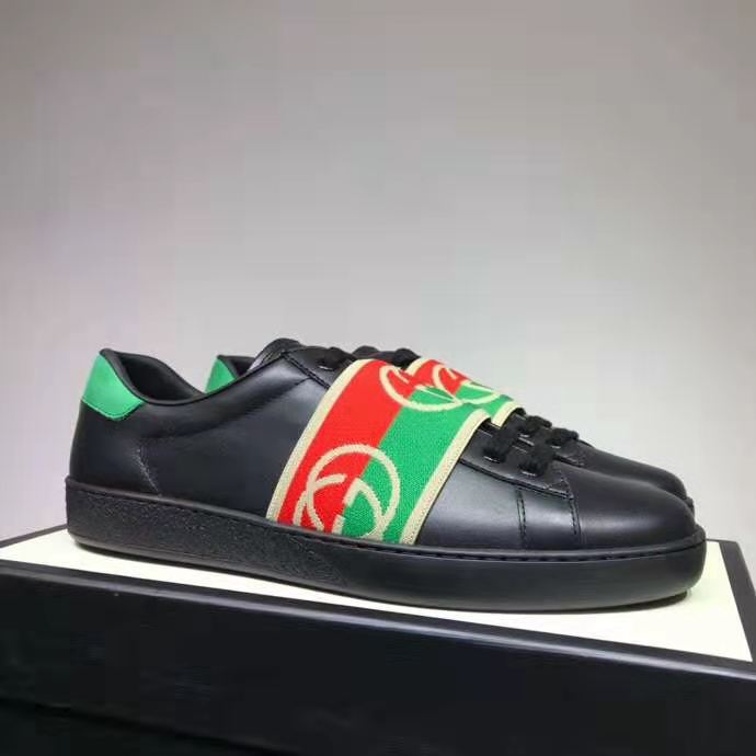 G*u*i gg unisex ace sneaker with elastic web interlocking g black leather