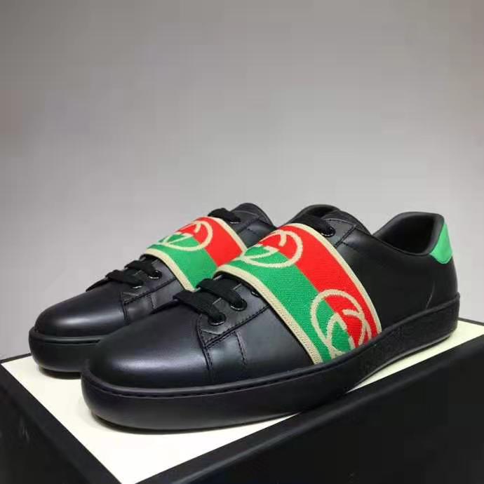 G*u*i gg unisex ace sneaker with elastic web interlocking g black leather
