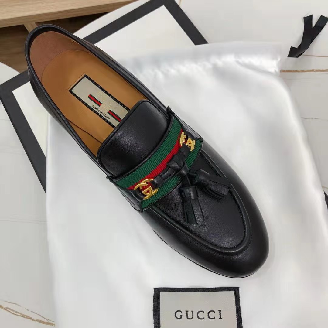 G*u*i gg unisex loafer with web and interlocking g black leather