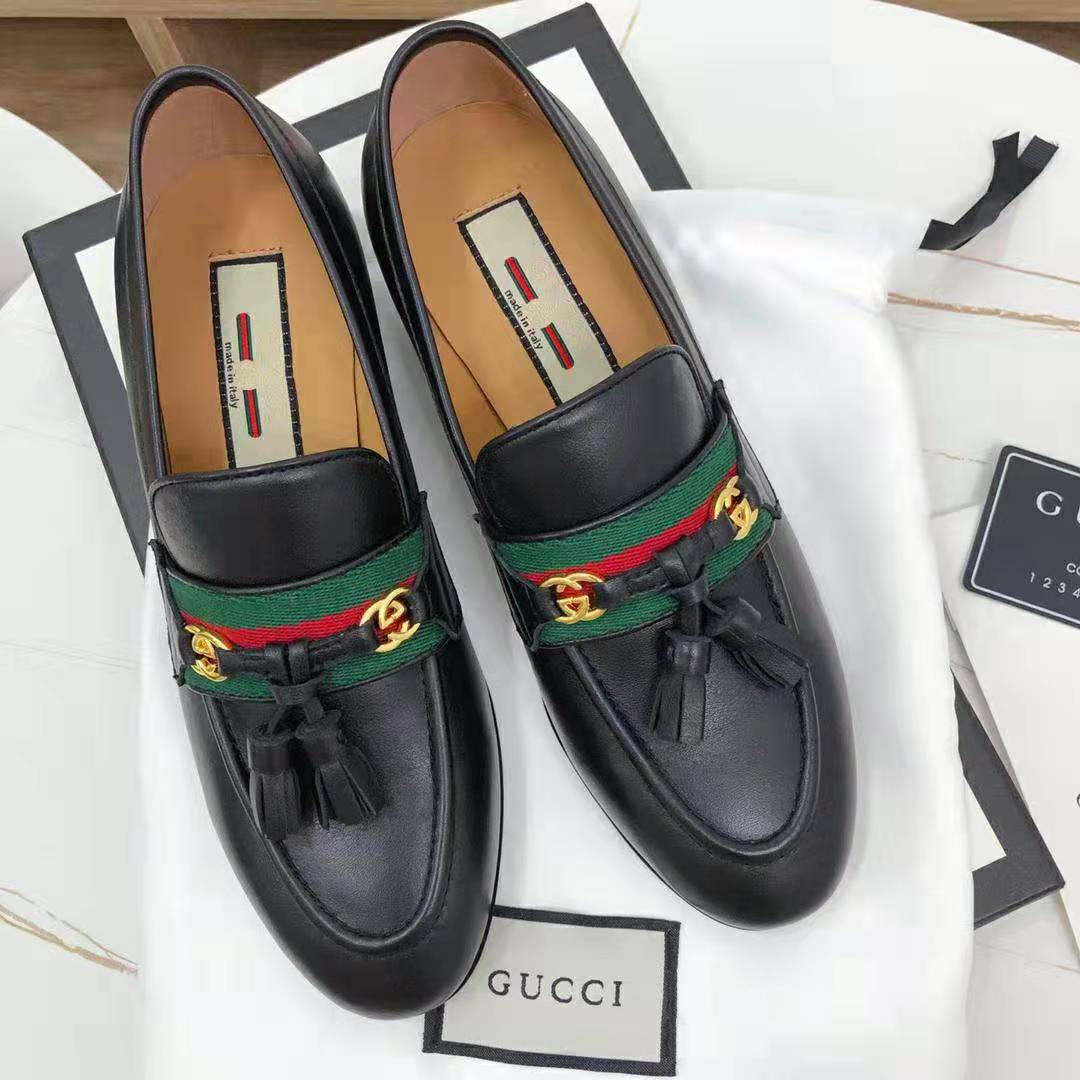 G*u*i gg unisex loafer with web and interlocking g black leather