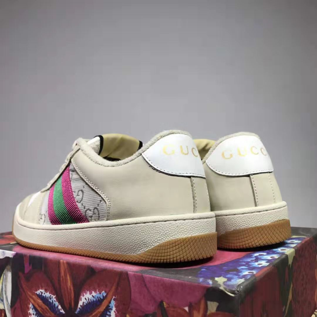 G*u*i gg unisex screener sneaker with web cream scrap less leather-beige