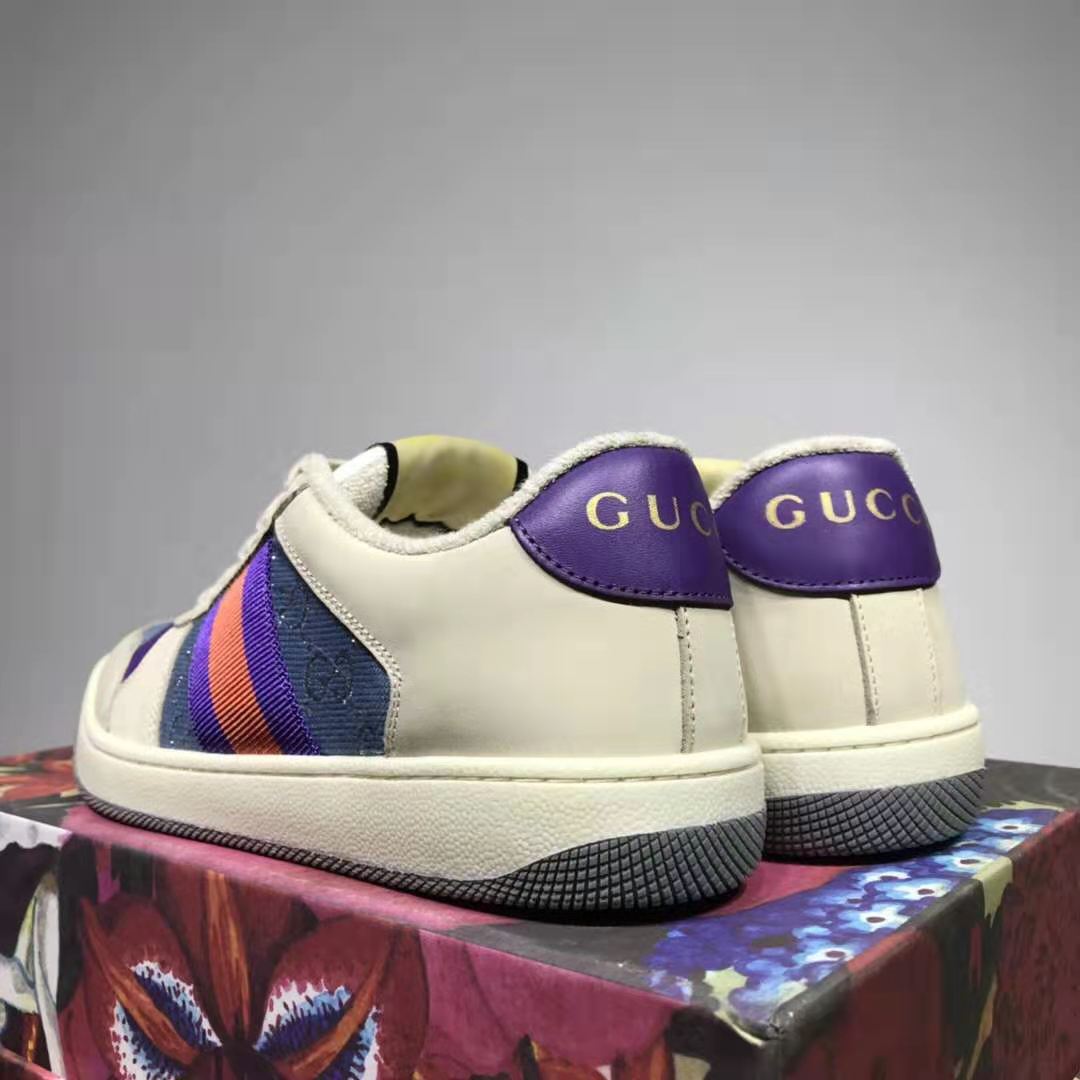 G*u*i gg unisex screener sneaker with web ivory scrap less leather-blue