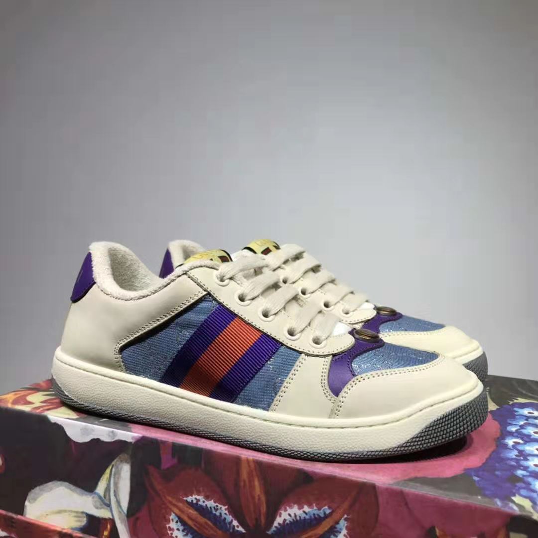 G*u*i gg unisex screener sneaker with web ivory scrap less leather-blue