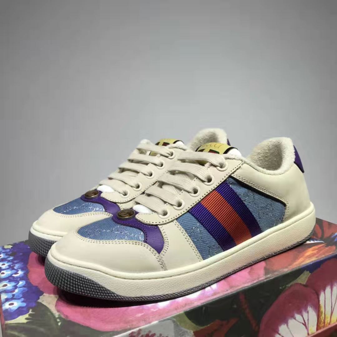 G*u*i gg unisex screener sneaker with web ivory scrap less leather-blue