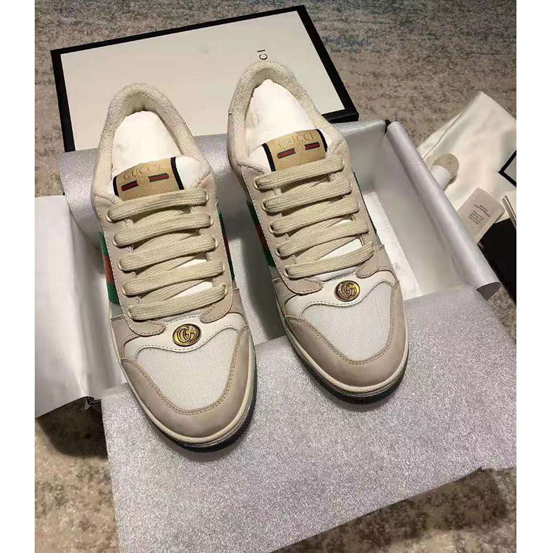 G*u*i unisex screener leather sneaker white perforated and off-white leather