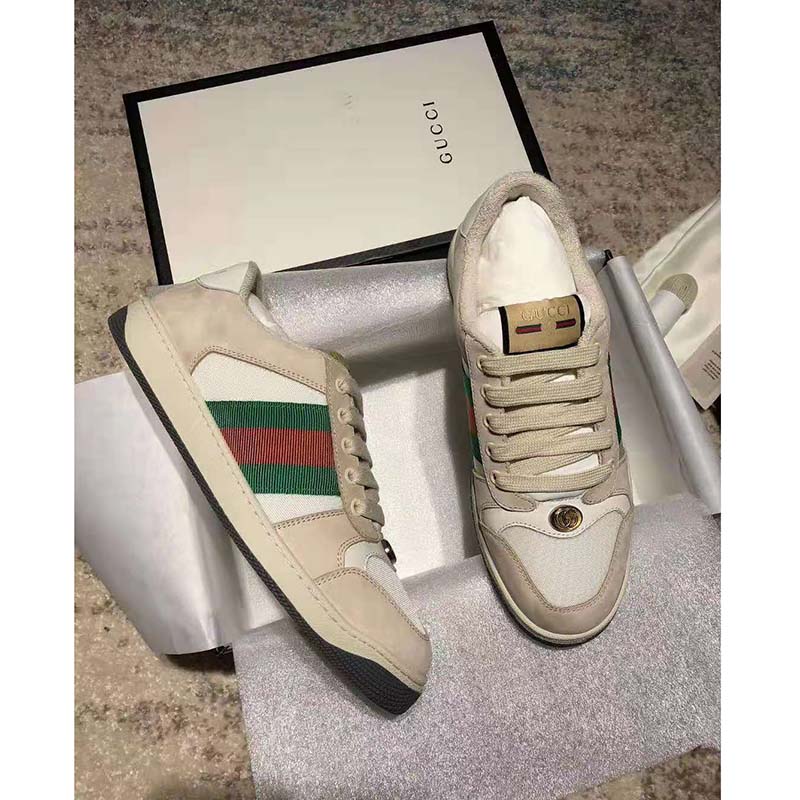 G*u*i unisex screener leather sneaker white perforated and off-white leather