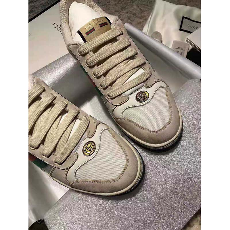 G*u*i unisex screener leather sneaker white perforated and off-white leather