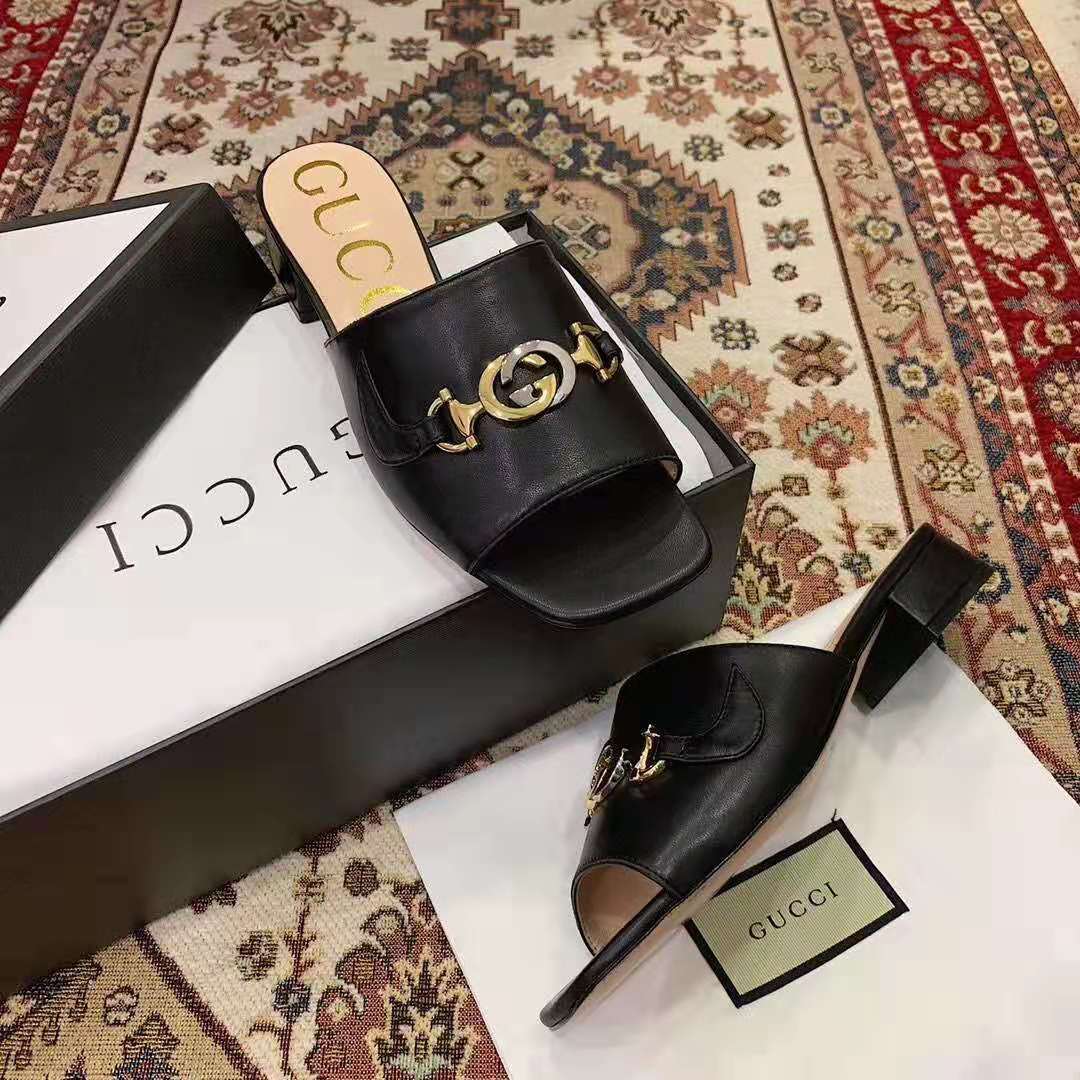 G*u*i women zumi leather slide sandal interlocking g horsebit black leather 2.5 cm heel height