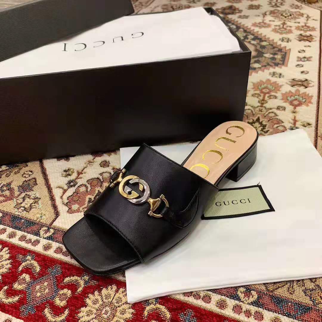 G*u*i women zumi leather slide sandal interlocking g horsebit black leather 2.5 cm heel height