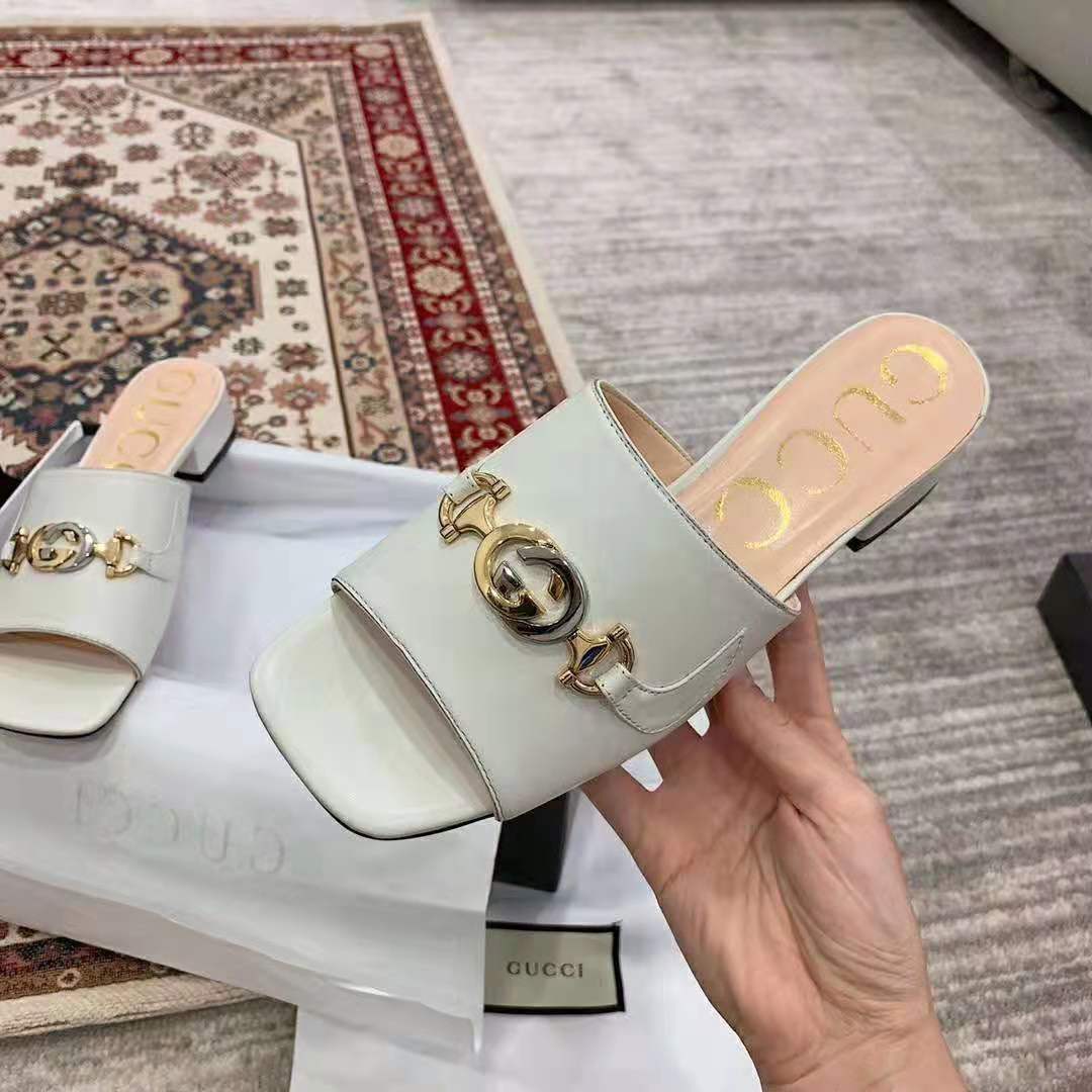 G*u*i women zumi leather slide sandal interlocking g horsebit white leather 2.5 cm heel height