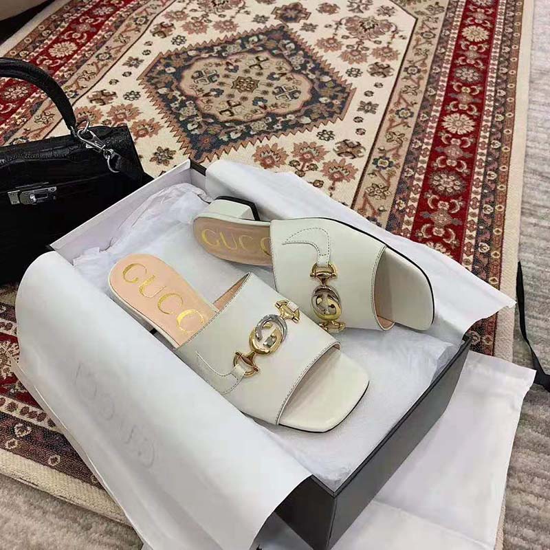 G*u*i women zumi leather slide sandal interlocking g horsebit white leather 2.5 cm heel height