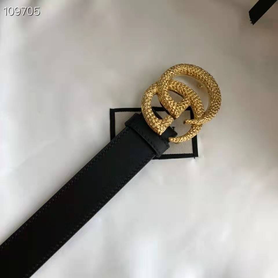 G*u*i gg unisex belt with textured double g buckle black leather 4 cm width