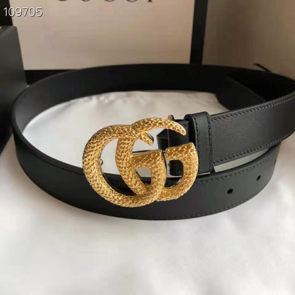 G*u*i gg unisex belt with textured double g buckle black leather 4 cm width