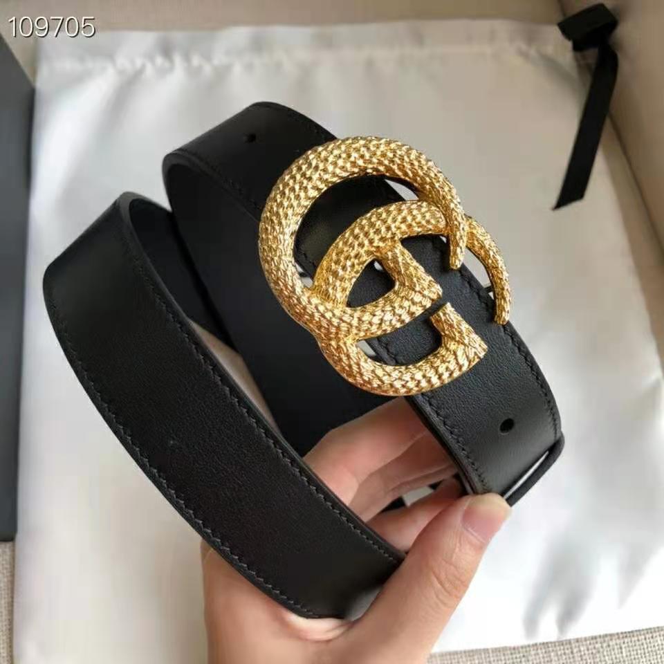 G*u*i gg unisex belt with textured double g buckle black leather 4 cm width