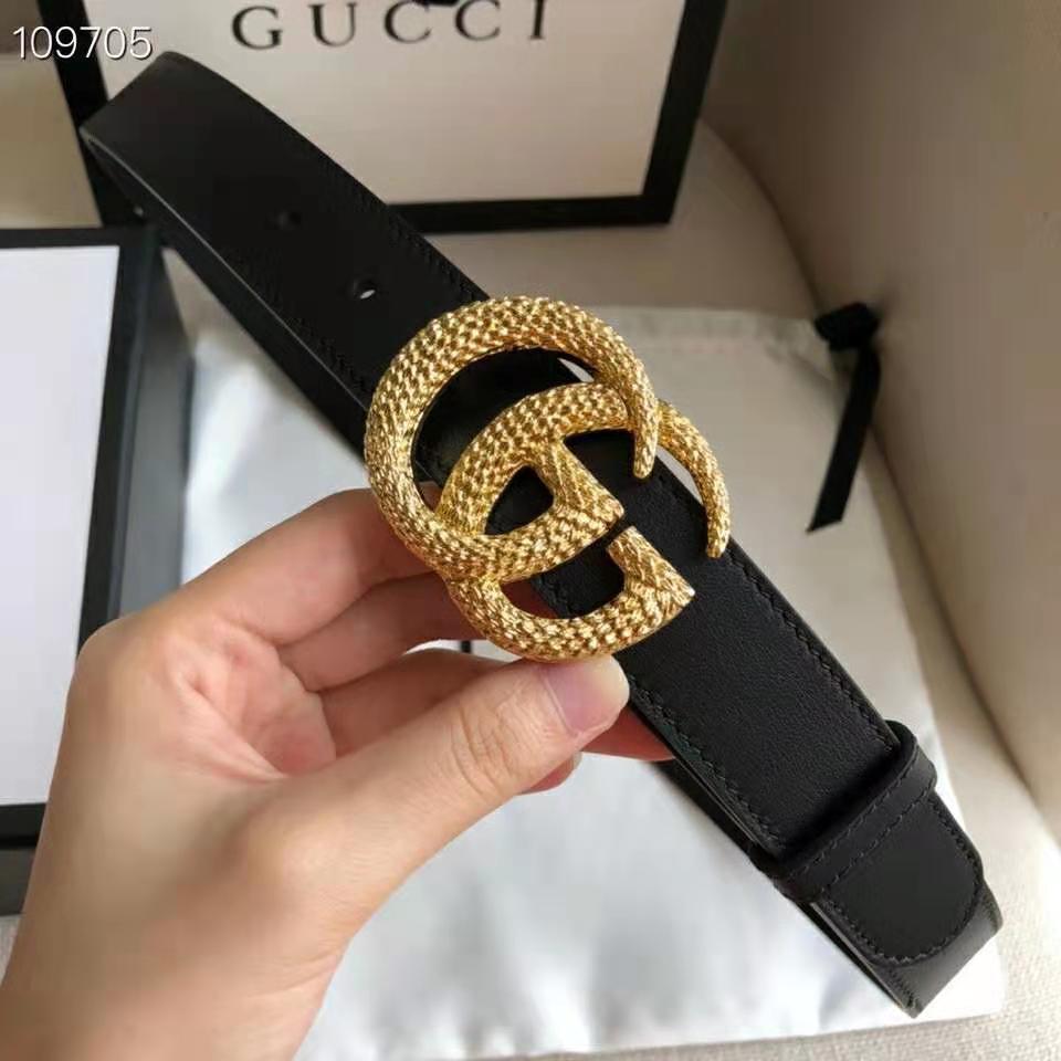 G*u*i gg unisex belt with textured double g buckle black leather 4 cm width