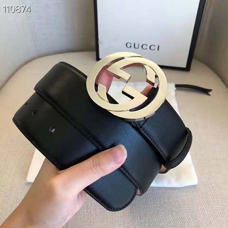 G*u*i gg unisex black leather belt with interlocking g buckle 4 cm width