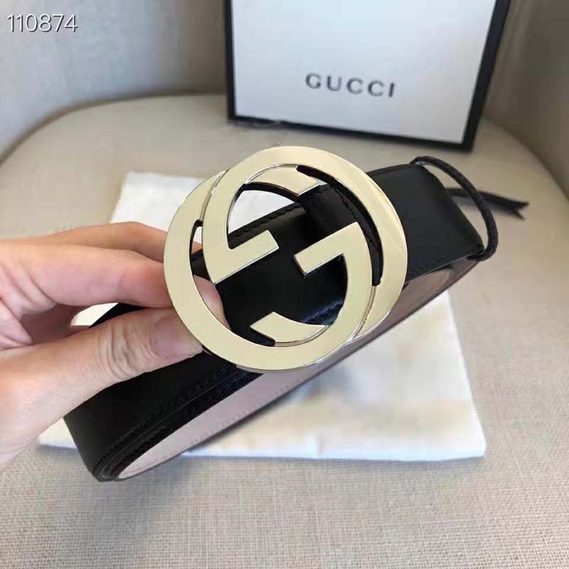 G*u*i gg unisex black leather belt with interlocking g buckle 4 cm width