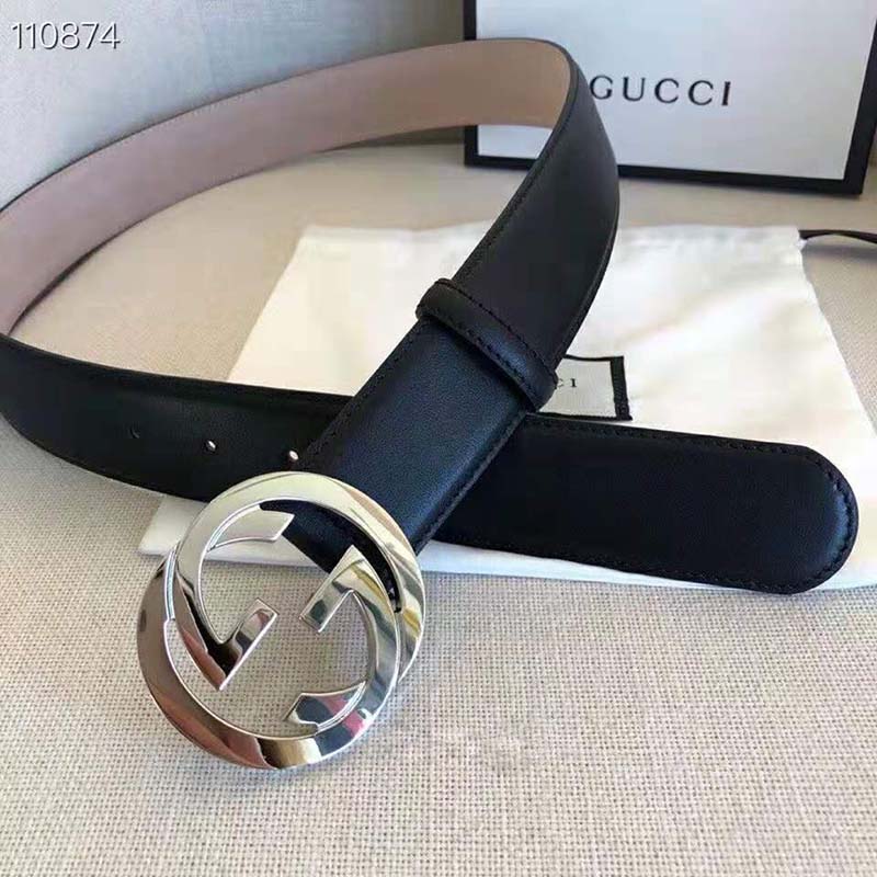 G*u*i gg unisex black leather belt with interlocking g buckle 4 cm width