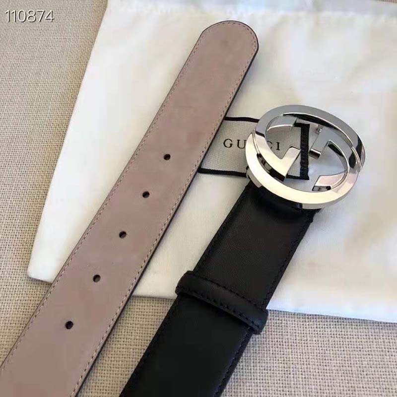 G*u*i gg unisex black leather belt with interlocking g buckle 4 cm width