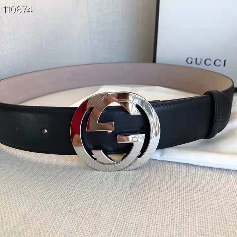 G*u*i gg unisex black leather belt with interlocking g buckle 4 cm width