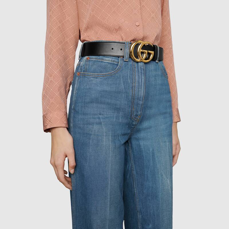 G*u*i gg unisex gg marmont leather belt with shiny buckle black 4 cm width
