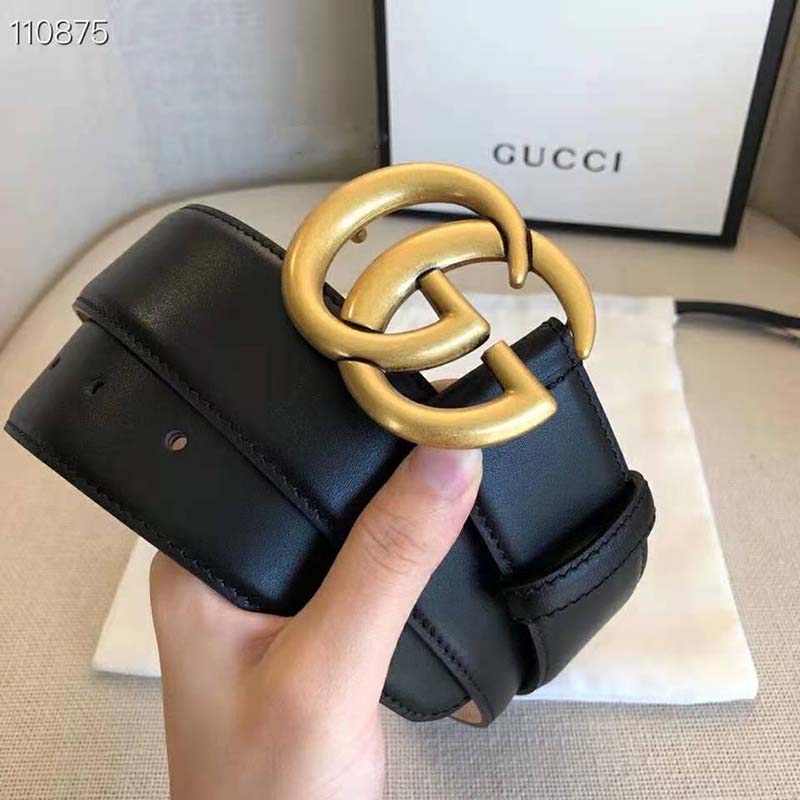 G*u*i gg unisex gg marmont leather belt with shiny buckle black 4 cm width