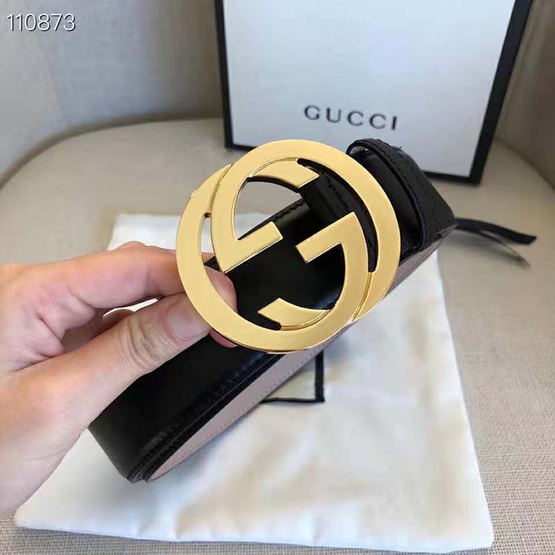 G*u*i gg unisex leather belt with interlocking g buckle black 4 cm width